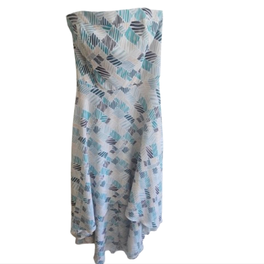 White House|Black Market Elegant Hi-Lo Strapless Geometric Teal Print Dress